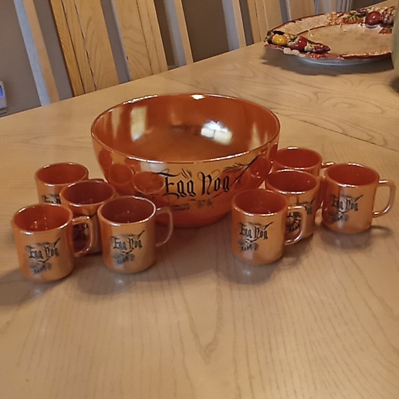 RARE FIND. Fire King Peach Luster Egg Nog Set Punch Bowl With 8 Cups. Beautiful! - Picture 1 of 13